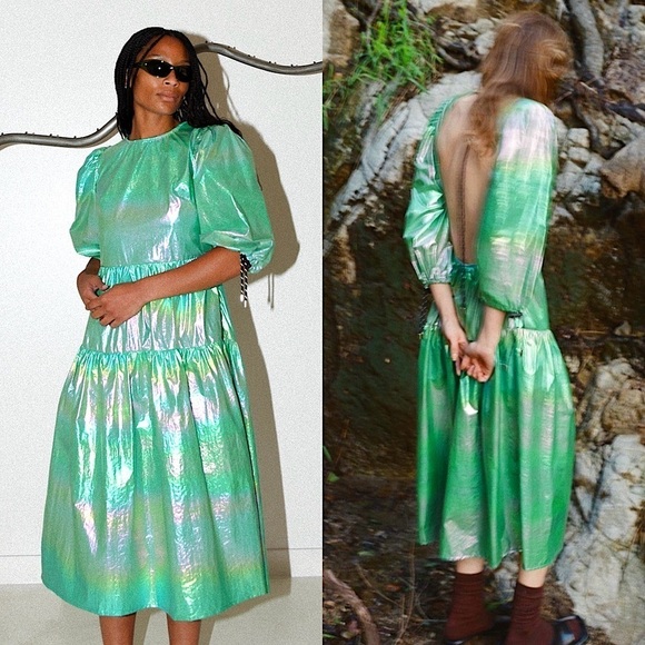 KKCO Iridescent Puff Sleeve Cutout Open Back Drawcord Detail Tiered Midi Dress L - Picture 1 of 16